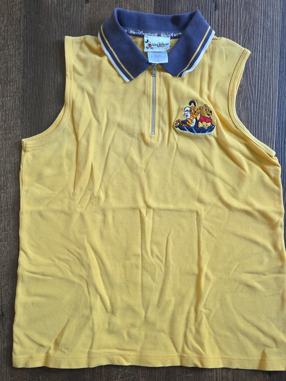 Yellow Sleeveless Polo with Navy Trim and Winnie the Pooh Embroidery